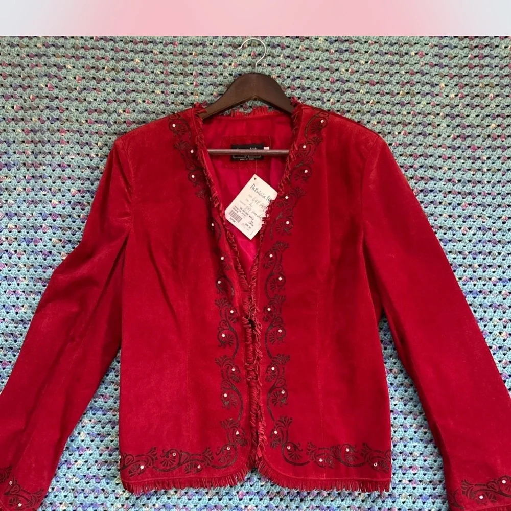 Perfect for Valentines Day Patricia Wolf red leather jacket Crystals RTL $500 L